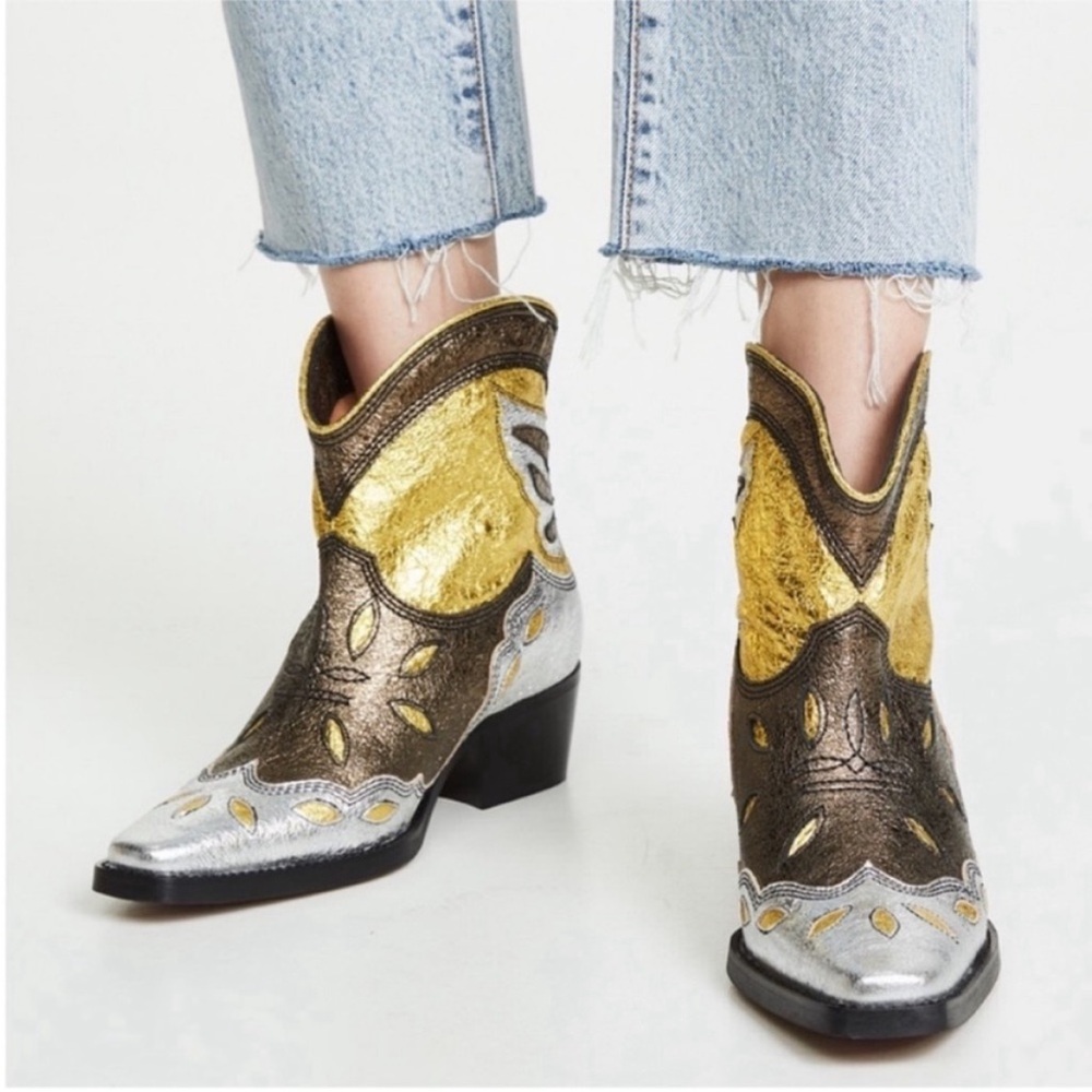 Ganni Silver and Gold Heeled Boots